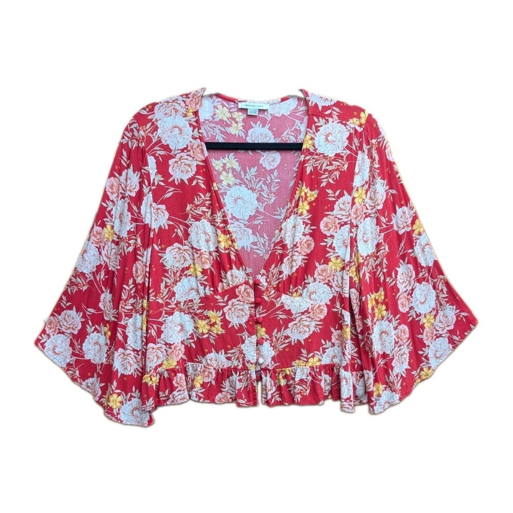 American Eagle Women's XL Top Red Floral Button-Down Ruffle Hem Short Blouse